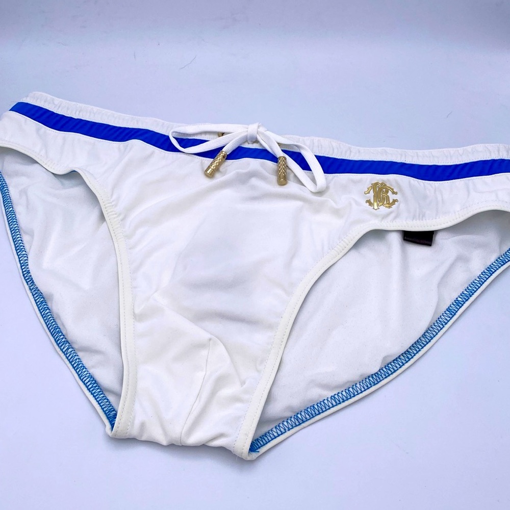 Roberto Cavalli mens white rash guard with blue trim &. Drawstring. TAG Missing